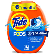Tide embalaje frontal mostrando 112 unidades y beneficio conveniencia
