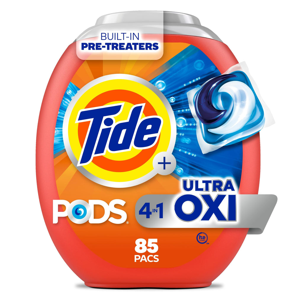 Tide empaque frontal mostrando envase y cantidad 85 unidades