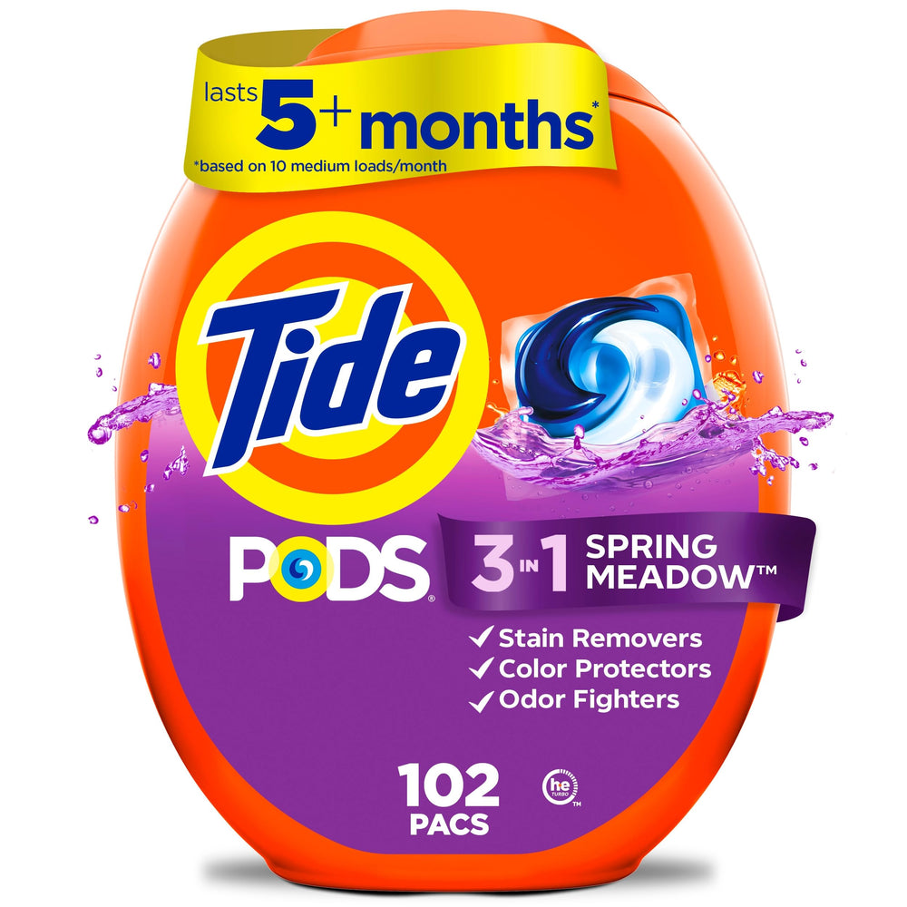 Tide envase frontal mostrando 102 cápsulas y conveniencia de almacenaje