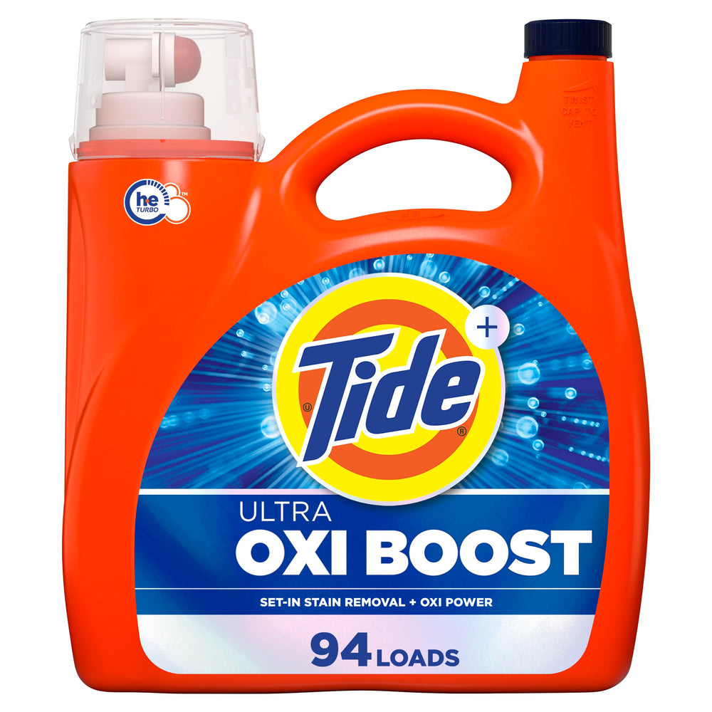 Tide botella frente mostrando tamaño grande y valor por carga