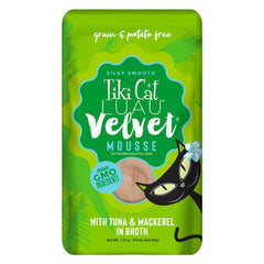 Tiki Cat empaque delantero Luau Velvet Mousse mostrando marca y beneficio nutricional
