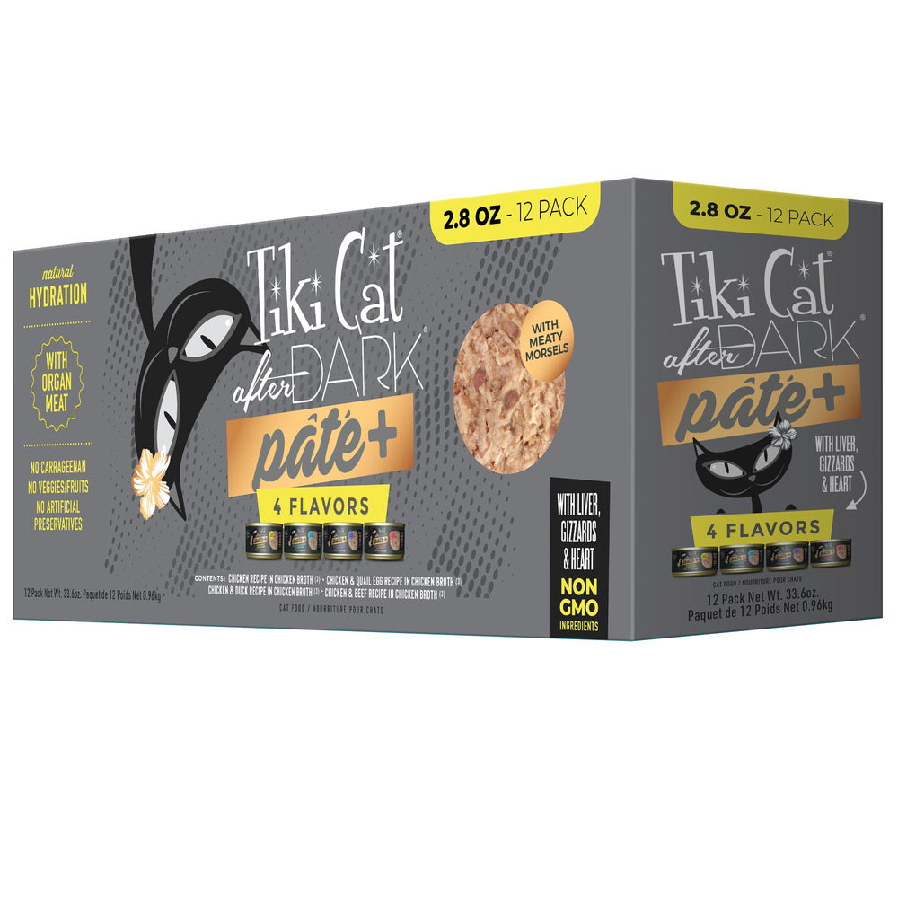 TIKI PETS lata frontal del pack variedad mostrando etiquetas y beneficios