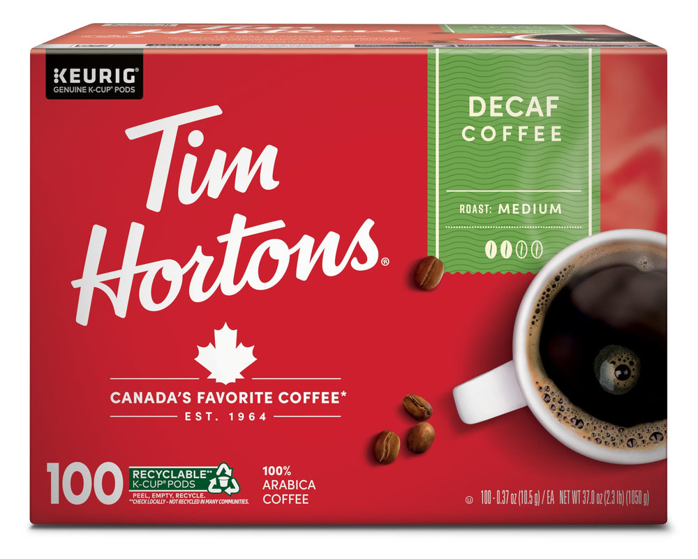 Tim Hortons caja 100 K-Cups frente mostrando cantidad y compatibilidad Keurig, conveniencia inmediata