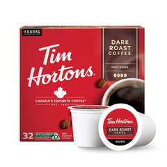 Tim Hortons paquete frontal rojo mostrando 32 cápsulas y beneficio conveniencia
