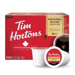 Tim Hortons front packaging showing 100-count K-Cups and easy storage benefit