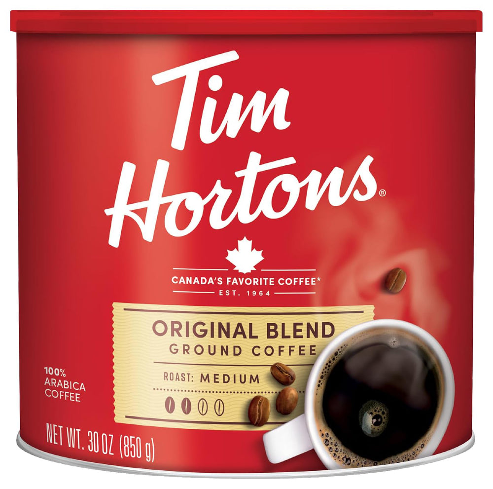 Tim Hortons lata frontal mostrando el diseño y facilidad de almacenamiento