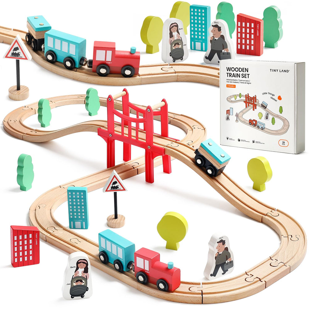 Tiny Land front packaging showing full 39-piece wooden train set and contents, clear benefit of organized storage