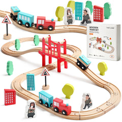 Tiny Land front packaging showing full 39-piece wooden train set and contents, clear benefit of organized storage