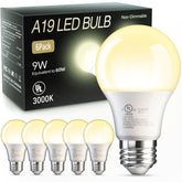 TJOY paquete frontal con seis bombillas A19 mostrando ahorro energético