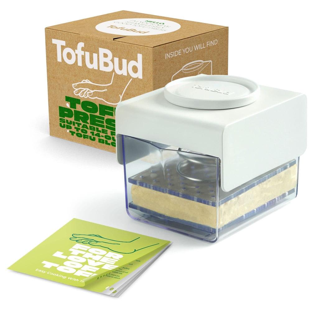TofuBud front view packaging showing product and included cookbook benefit