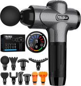 TOLOCO massage gun front view showing carbon finish and compact design for portable relief