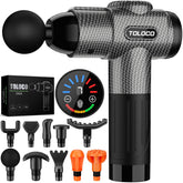 TOLOCO massage gun front view showing ergonomic grip and compact design for easy handling
