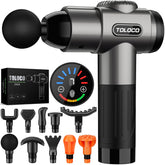 TOLOCO massage gun front view showing compact body and ergonomic grip for convenient use