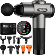 TOLOCO massage gun front view showing compact body and ergonomic grip for convenient use