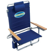 Tommy Bahama front view backpack chair showing navy fabric and straps for easy carry