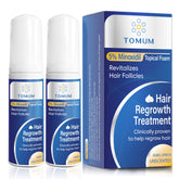 TOMUM espuma minoxidil frontal mostrando envase portátil y práctico