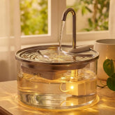 tomxcute front view of glass fountain showing compact design and capacity benefit