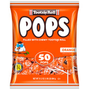 Tootsie Roll paquete frontal mostrando 50 paletas naranja y beneficio de surtido