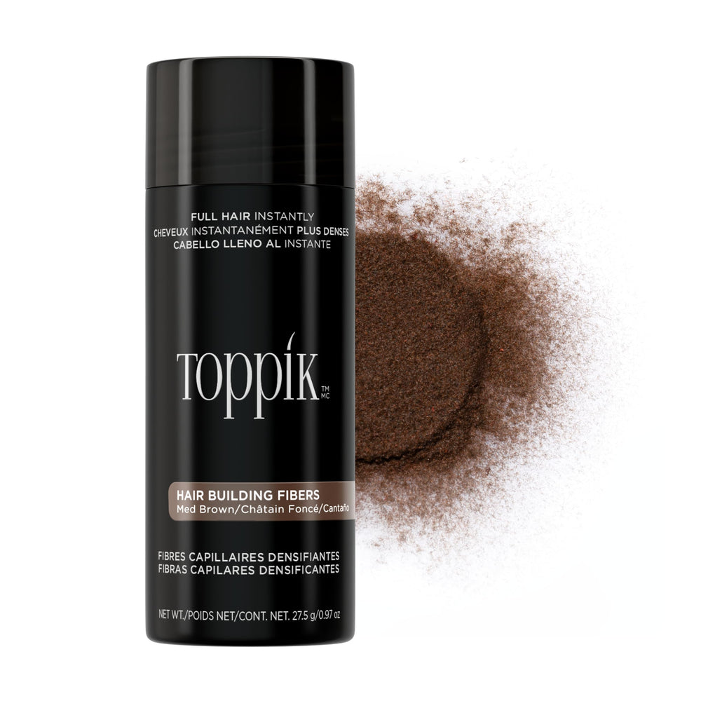 Toppik front packaging showing medium brown bottle and clear label for easy identification