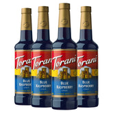 Torani blue raspberry front packaging showing bottle and bright color benefit
