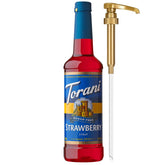 Torani botella frontal mostrando etiqueta y volumen, fácil identificación