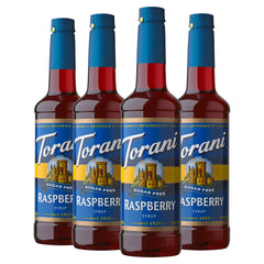 Torani bottle front view showing raspberry flavor and easy-pour cap for convenience