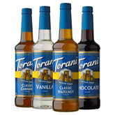 Torani front packaging showing four sugar free bottles and flavor variety benefits