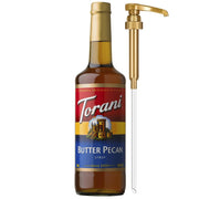 Torani botella frontal mostrando etiqueta y sabor butter pecan, perfecta para baristas