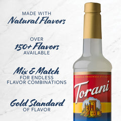 Torani classic caramel pouring syrup from bottle to show smooth texture and easy mixing