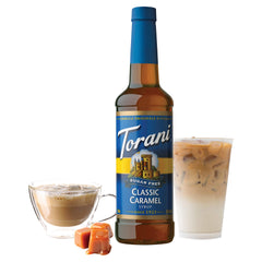 Torani syrup pouring into coffee for bold caramel flavor without sugar