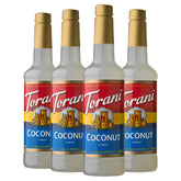 Torani coconut front packaging showing four bottles for bulk use and savings