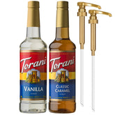 Torani front packaging showing Classic Caramel and Vanilla bottles with pumps, brand convenience