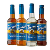 Torani front packaging showing four bottles and convenient variety