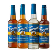 Torani front packaging showing four bottles and convenient variety