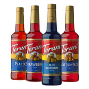 Torani front packaging showing four syrup bottles and bright colors for easy selection