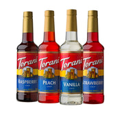 Torani front pack showing four bottles and variety benefits