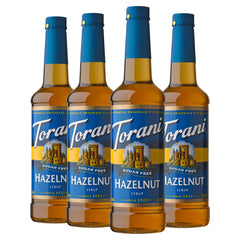 Torani bottle front packaging showing hazelnut flavor and sugar-free benefit