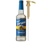 Botella Torani Sugar-Free Vanilla frontal mostrando la etiqueta y el tamaño práctico