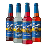 Torani pack frontal con cuatro botellas mostrando sabores y volumen