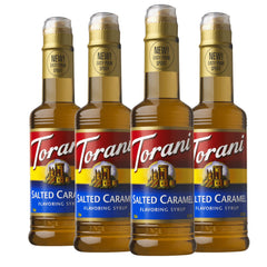 Torani paquete frontal de cuatro botellas mostrando presentación y cantidad