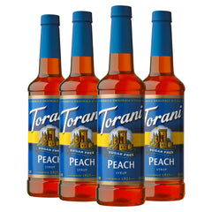Torani bottle front packaging showing peach flavor and zero calories benefit