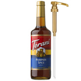 Torani botella frontal mostrando etiqueta y contenido, aporta sabor otoñal