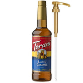 Torani botella fronta mostrando la etiqueta y tamaño práctico