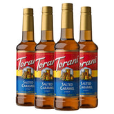 Torani salted caramel front packaging showing 25.4 fl oz bottle benefits