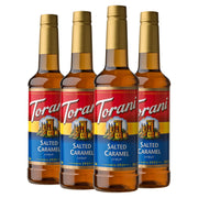 Torani salted caramel front packaging showing 25.4 fl oz bottle benefits