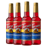 Torani front packaging showing bottle label and vibrant red strawberry syrup benefit: clear product ID