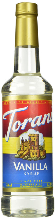 Torani front packaging showing four bottles and clear branding for convenience