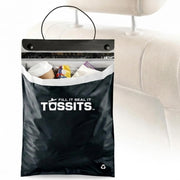 Tossits front packaging showing 21-count black disposable car trash bags and benefits
