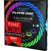 TOSY flying disc front packaging showing bright LEDs and weight benefits