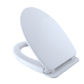 TOTO SoftClose SS124#01 front view showing cotton white elongated seat for quiet closing